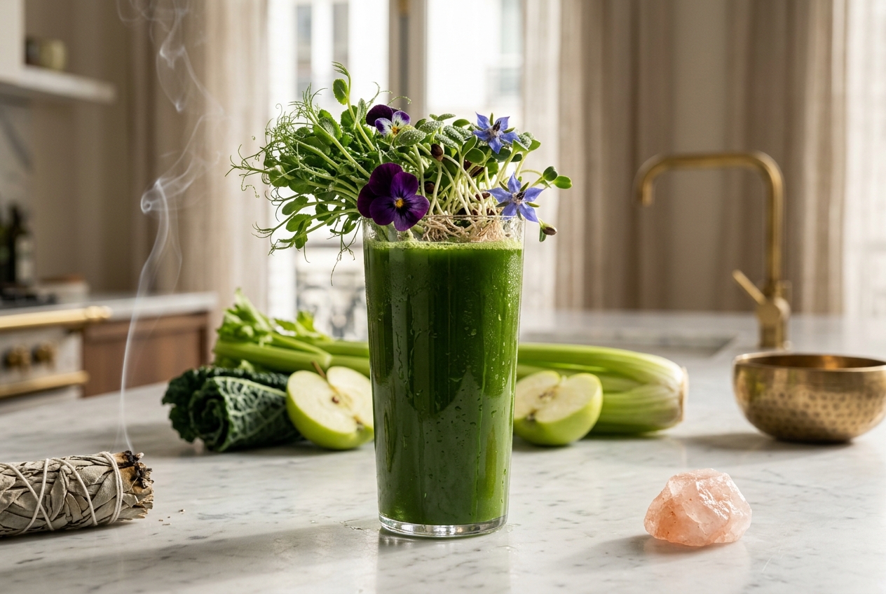 A cold-pressed green juice on a marble counter