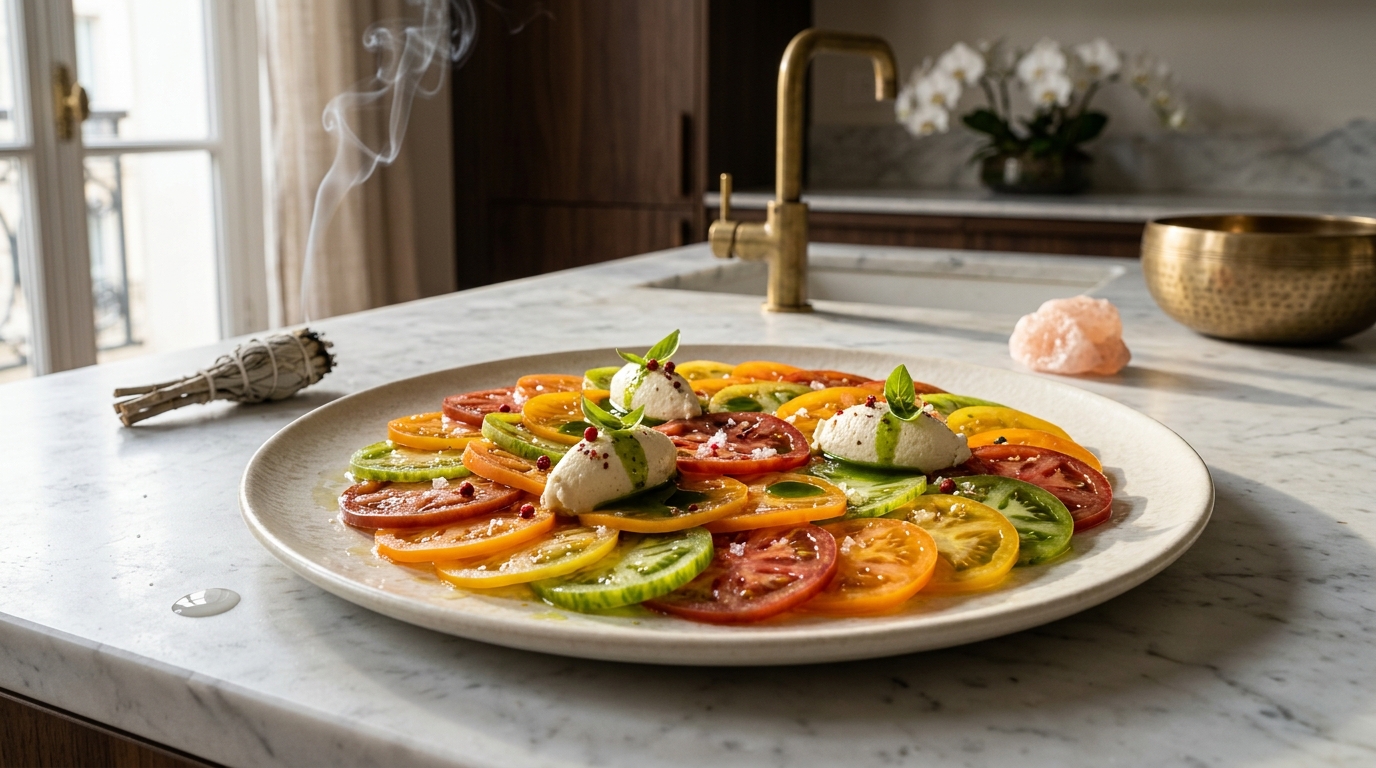 Heirloom tomato carpaccio with macadamia ricotta