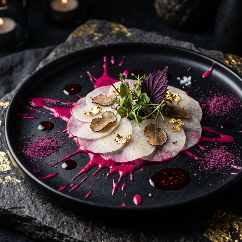 Thin discs of turnip and radish over vivid magenta beet sauce, finished with truffle and gold leaf on a black plate.