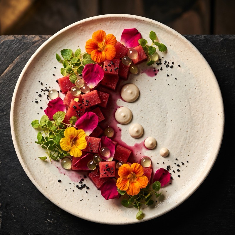 Cured watermelon cubes with rose petals, nasturtium and cashew pearls on a cream stoneware plate, seen from above.