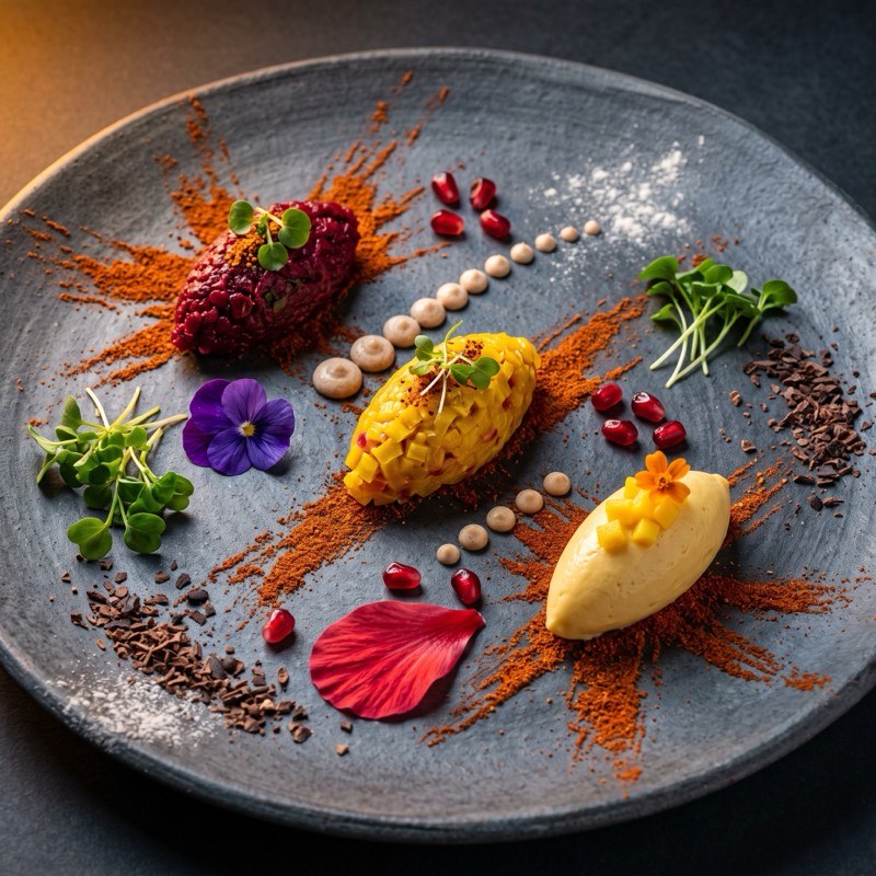 Three quenelles — beet tartare, saffron-mango and cashew cream — on a slate plate with spice dust and edible flowers.