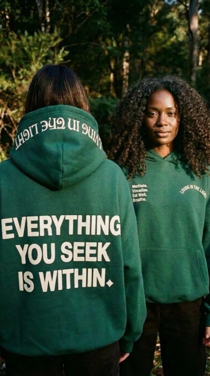Two people in forest-green Living in The Light hoodies among trees. The back print reads: Everything you seek is within.